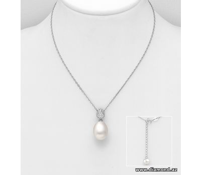 925 Sterling Silver Necklace, Decorated with CZ Simulated Diamonds and Freshwater Pearl