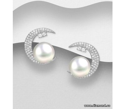 Şəkli böyütmək üçün tiklayın 925 Sterling Silver Crescent Moon Push-Back Earrings, Decorated with CZ Simulated Diamonds and Freshwater Pearls