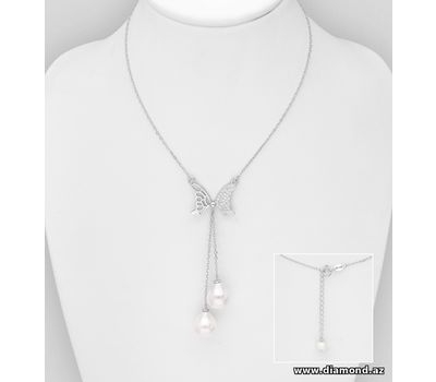 925 Sterling Silver Butterfly Necklace, Decorated With CZ Simulated Diamonds and FreshWater Pearls