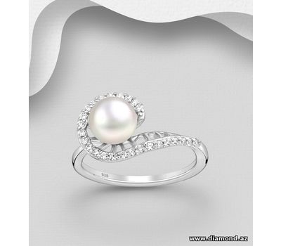 925 Sterling Silver Ring, Decorated with CZ Simulated Diamonds and Freshwater Pearl