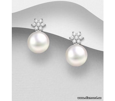 925 Sterling Silver Flower Push-Back Earrings, Decorated with CZ Simulated Diamonds and Freshwater Pearls