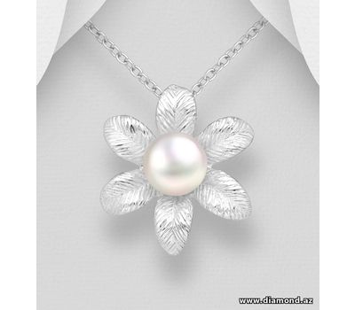 Şəkli böyütmək üçün tiklayın 925 Sterling Silver Flower Pendant, Decorated with Freshwater Pearl