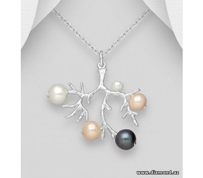 925 Sterling Silver Branch Pendant Decorated With Fresh Water Pearls