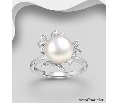 925 Sterling Silver Leaf Ring, Decorated with CZ Simulated Diamonds and Freshwater Pearl