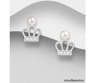 Şəkli böyütmək üçün tiklayın 925 Sterling Silver Crown Push-Back Earrings, Decorated with CZ Simulated Diamonds and Freshwater Pearls