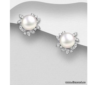 925 Sterling Silver Leaf Push-Back Earrings, Decorated with CZ Simulated Diamonds and Freshwater Pearls