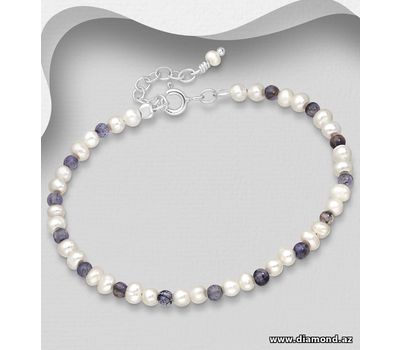 925 Sterling Silver Bracelet, Beaded with Freshwater Pearl and Gemstone Beads