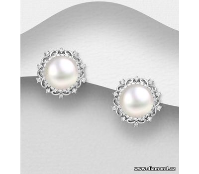 925 Sterling Silver Swirl Push-Back Earrings, Decorated with CZ Simulated Diamonds and Freshwater Pearls