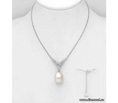 925 Sterling Silver Necklace, Decorated with CZ Simulated Diamonds and FreshWater Pearl