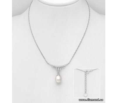 925 Sterling Silver Necklace, Decorated with CZ Simulated Diamonds and FreshWater Pearl
