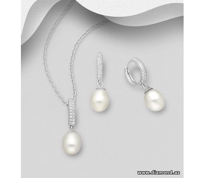 925 Sterling Silver Hoop Earrings and Pendant Jewelry Set, Decorated with Freshwater Pearls and CZ Simulated Diamonds