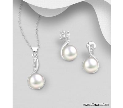 925 Sterling Silver Push-Back Earrings and Pendant, Jewelry Set, Decorated with CZ Simulated Diamonds and Freshwater Pearls