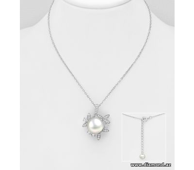 925 Sterling Silver Leaf Necklace, Decorated with CZ Simulated Diamonds and Freshwater Pearl