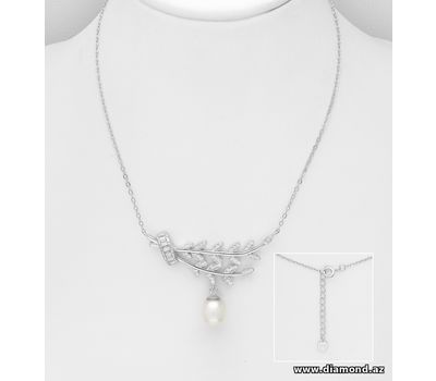 925 Sterling Silver Leaf Necklace, Decorated with CZ Simulated Diamonds and FreshWater Pearl