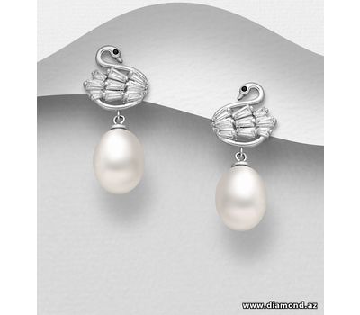 925 Sterling Silver Swan Push-Back Earrings, Decorated with CZ Simulated Diamonds and Freshwater Pearls