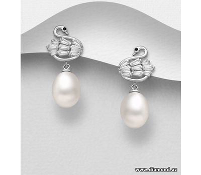 Şəkli böyütmək üçün tiklayın 925 Sterling Silver Swan Push-Back Earrings, Decorated with CZ Simulated Diamonds and Freshwater Pearls