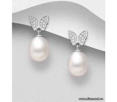925 Sterling Silver Butterfly Push-Back Earrings, Decorated with CZ Simulated Diamonds and Freshwater Pearls