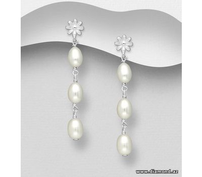925 Sterling Silver Flower Push-Back Earrings, Beaded with Freshwater Pearl