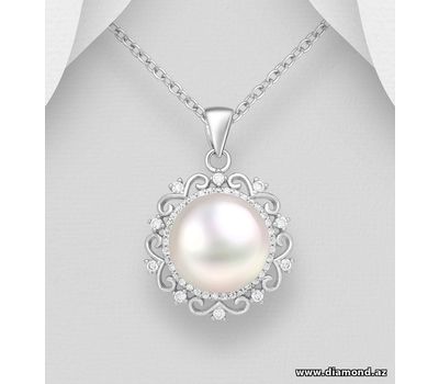 Şəkli böyütmək üçün tiklayın 925 Sterling Silver Swirl Pendant, Decorated with CZ Simulated Diamonds and Freshwater Pearl