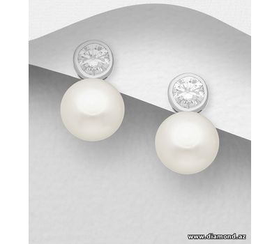 925 Sterling Silver Push-Back Earrings, Decorated with Freshwater Pearls and CZ Simulated Diamonds