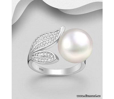 925 Sterling Silver Adjustable Leaf Ring, Decorated with CZ Simulated Diamonds and Freshwater Pearl