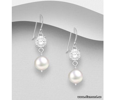 925 Sterling Silver Hook Earrings, Decorated with CZ Simulated Diamonds and Freshwater Pearls