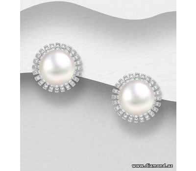 925 Sterling Silver Earrings, Decorated with CZ Simulated Diamonds and Freshwater Pearls