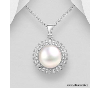 925 Sterling Silver Pendant, Decorated with CZ Simulated Diamonds and Freshwater Pearl
