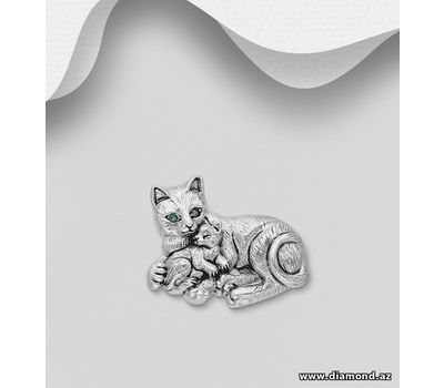 925 Sterling Silver Oxidized Mom and Baby Cat Brooch, Decorated with Emerald