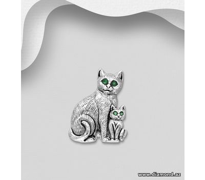 925 Sterling Silver Oxidized Mom and Baby Cat Brooch, Decorated with Emerald