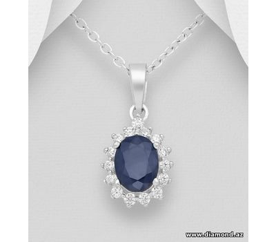 925 Sterling Silver Pendant, Decorated with Blue Sapphire and CZ Simulated Diamonds