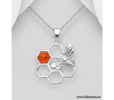 925 Sterling Silver Beehive Pendant, Decorated with Baltic Amber