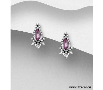 La Preciada - 925 Sterling Silver Push-Back Earrings, Decorated with Pink Sapphire
