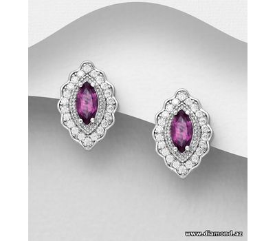 La Preciada - 925 Sterling Silver Push-Back Earrings, Decorated with CZ Simulated Diamonds and Rhodolite