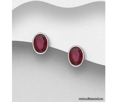 925 Sterling Silver Oval Push-Back Earrings, Decorated with Ruby