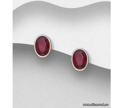 Şəkli böyütmək üçün tiklayın 925 Sterling Silver Oval Push-Back Earrings, Decorated with Ruby