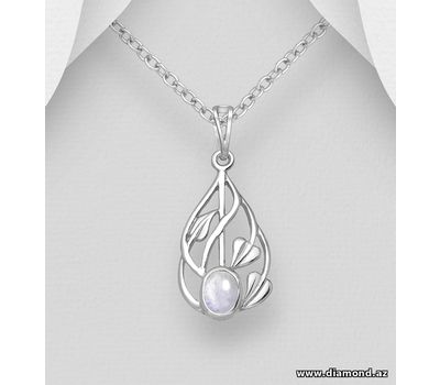 925 Sterling Silver Leaf Pendant, Decorated with Rainbow Moonstone