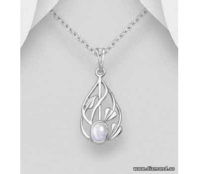 Şəkli böyütmək üçün tiklayın 925 Sterling Silver Leaf Pendant, Decorated with Rainbow Moonstone