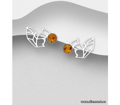 925 Sterling Silver Origami Squirrel Push-Back Earrings, Decorated with Baltic Amber