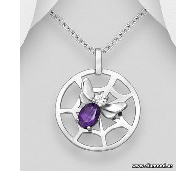 925 Sterling Silver Cobweb and Bee Pendant, Decorated With Amethyst and CZ Simulated Diamond