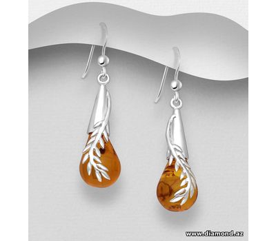 925 Sterling Silver Leaf Hook Earrings, Decorated with Baltic Amber