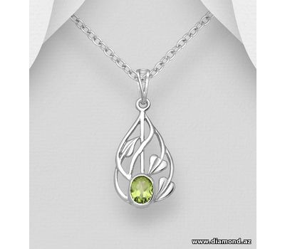 925 Sterling Silver Leaf Pendant, Decorated with Peridot