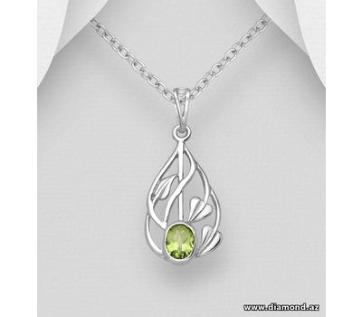 Şəkli böyütmək üçün tiklayın 925 Sterling Silver Leaf Pendant, Decorated with Peridot