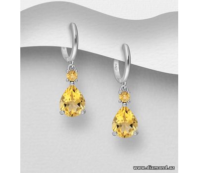 Şəkli böyütmək üçün tiklayın 925 Sterling Silver Droplet Omega-Lock Earrings, Decorated with Citrine