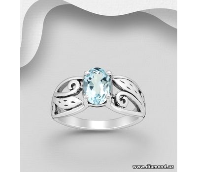 925 Sterling Silver Oxidized Swirl Ring, Featuring Leaf Design, Decorated with Sky-Blue Topaz