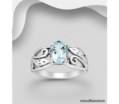 Şəkli böyütmək üçün tiklayın 925 Sterling Silver Oxidized Swirl Ring, Featuring Leaf Design, Decorated with Sky-Blue Topaz
