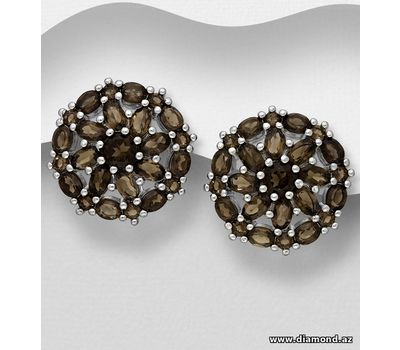 Şəkli böyütmək üçün tiklayın 925 Sterling Silver Omega-Lock Earrings, Decorated with Smoky Quartz