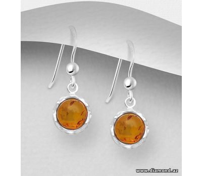 925 Sterling Silver Hook Earrings, Decorated with Baltic Amber