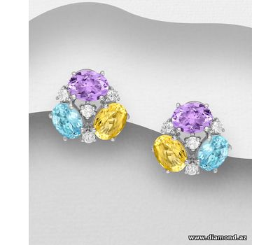 925 Sterling Silver Push-Back Earrings, Decorated with CZ Simulated Diamonds and Gemstones, CZ Simulated Diamond and Gemstone Colors may Vary.