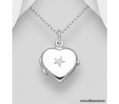 La Preciada - 925 Sterling Silver Star Engraved, Heart Locket Pendant, Decorated with White Diamond